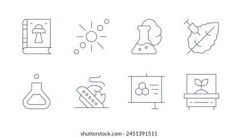 Iconos de Ciencia. Trazo editable. Contiene ciencia ficción, experimentación, frasco, teoría, choque, sistema solar, modificación genética, incubadora.