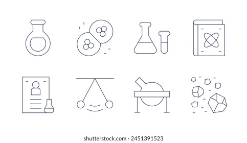 Science icons. Editable stroke. Containing sciencefair, flask, testtube, pendulum, mothercells, rocks, book.