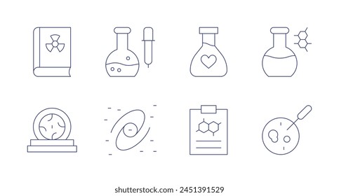 Science icons. Editable stroke. Containing sciencebook, portal, flask, clipboard, laboratory, galaxy, result, petridish.
