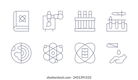 Iconos de Ciencia. Trazo editable. Contiene libro científico, capas, datascience, testtubes, robothand, atómico, corrosión.