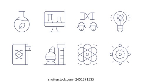 Science icons. Editable stroke. Containing sciencebook, chemistry, clone, atom, nuclear, onlineclass, lightbulb, sun.
