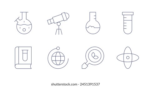 Science icons. Editable stroke. Containing sciencebook, flask, experiment, search, orbit, telescope, testtube, physical.