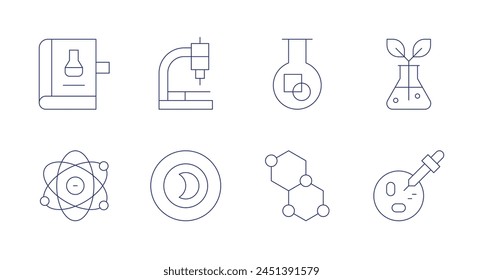 Science icons. Editable stroke. Containing science, bond, flask, halfmoon, microscope, biology, petridish.