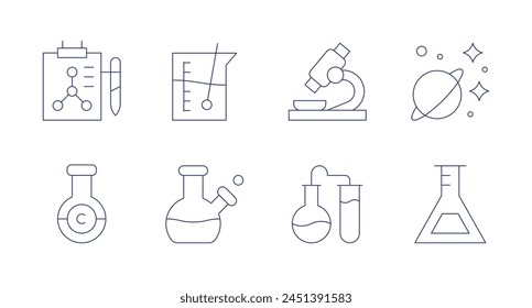 Science icons. Editable stroke. Containing science, chemistry, research, beaker, flask, planet.