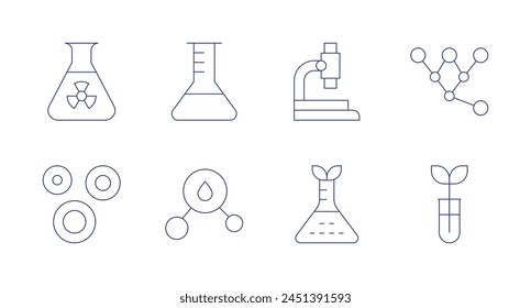 Science icons. Editable stroke. Containing flask, molecule, plant, nano, microscope, stemcells, radiation.