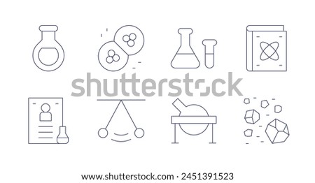 Science icons. Editable stroke. Containing sciencefair, flask, testtube, pendulum, mothercells, rocks, book.