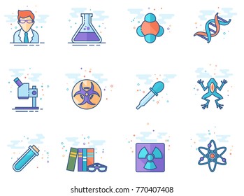 Science icons in flat color style. Vector illustration.