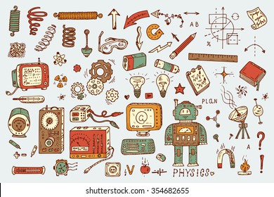Science icons. Hand drawn doodles Physics Set. Robot, Measuring equipment,  instrumentation and elements