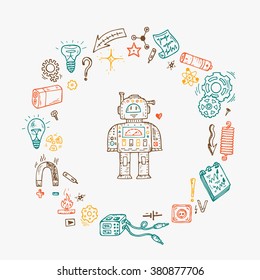 Science icons. Hand drawn doodles Physics Set. Robot, Measuring equipment, instrumentation and elements