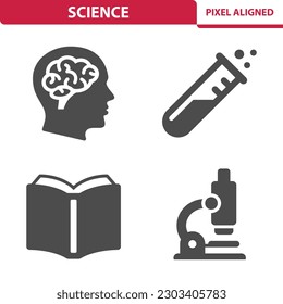 Wissenschaftssymbole. Leiter, Wissen, Experiment, Testrohr, Buch, Mikroskop. Professionelles, Pixel perfektes Vektorsymbol.