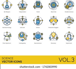Science icons including bioweapon, portal, black hole, parallel universe, nanotechnology, lab coat, gloves, protective goggles, mask, prism spectrum, cartography, neuroscience, discovery, experiment.