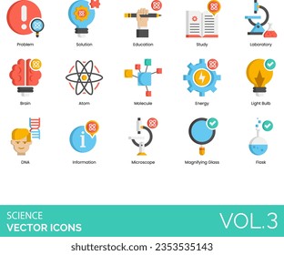Science Icons Including science, icon, vector, chemistry, set, research, biology, laboratory, molecule, technology, medicine, symbol, test, equipment, dna, education, atom, microscope, chemical, sign