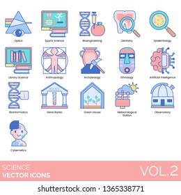 Science icons including optics, sports, bioengineering, dentistry, epidemiology, library, anthropology, archaeology, ethnology, AI, bioinformatics, gene bank, greenhouse, meteorological, cybernetics.