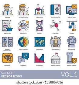 Science icons including scientist, female, laboratory, journal, fair, astronomy, biology, chemistry, physics, applied mathematics, earth, geography, anthropology, archaeology, ethnology, linguistics.