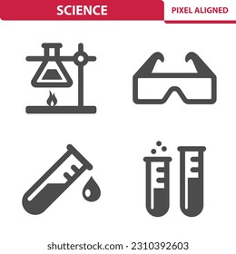 Wissenschaftssymbole. Labor, Experiment, Reagenzglas, Brille Vektorsymbol Set.