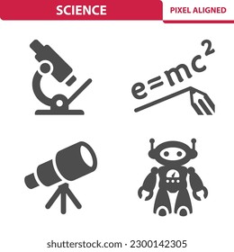 Iconos científicos. Microscopio, teoría de la relatividad, telescopio, robot. Icono de vector perfecto en píxeles y profesional.