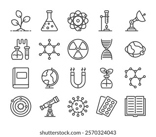 Science icons. Natural science line icon set. Editable Stroke.