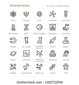 Science Icons - Outline styled icons, designed to 48 x 48 pixel grid. Editable stroke.