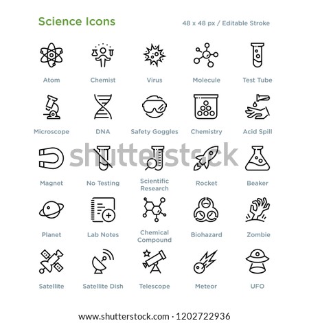 Science Icons - Outline styled icons, designed to 48 x 48 pixel grid. Editable stroke.