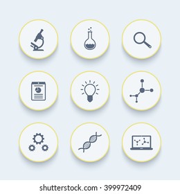 Science icons, research, laboratory, microscope, dna chain, lab glass, science signs, round icons, vector illustration