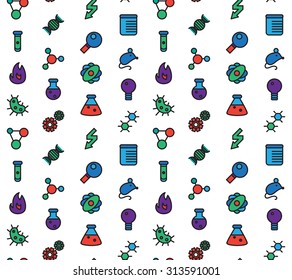 Science icons seamless pattern. Laboratory biology symbols. Vector