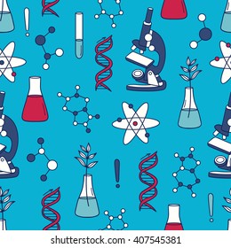 Science icons seamless pattern vector. Colorful backdrop with chemical equipment and laboratory instruments. Decorative wallpaper, good for printing