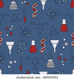 Science icons seamless pattern vector. Colorful backdrop with chemical equipment and laboratory instruments. Decorative wallpaper, good for printing