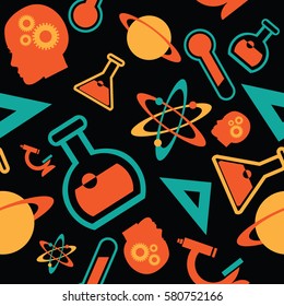 Science Icons Seamless Pattern.Test Tubes, Planets, Triangles And Other STEM Symbols In Bold Colors On A Black Field. EPS 10 Vector.