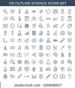 science icons. Set of 100 outline science icons included heart organ, brain, atom, themometer, atom move on white background. Editable science icons for web, mobile and infographics.