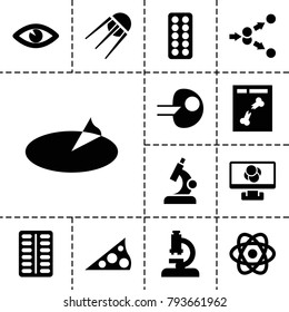 Science icons. set of 13 editable filled science icons such as pill, eye, x ray, atom, core, microscope, sundial, atom move
