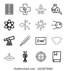 Science icons. set of 16 editable outline science icons such as pill, core, board with formulas, test tube search, pharmacy, book, atom, telescope, test tube, themometer