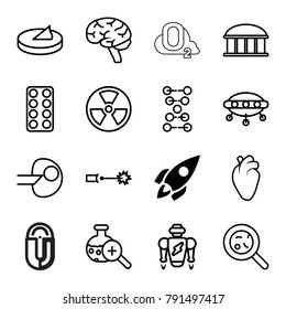 Science icons. set of 16 editable outline science icons such as rocket, observatory, pill, bacteria, heart organ, brain, dna, core, ufo, radiation, robot, test tube search