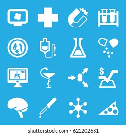 Science icons set. set of 16 science filled icons such as mathematical square, test tube, pipette, drop counter, brain, x-ray on display, medical cross, medicine, pill