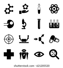 Science icons set. set of 16 science filled icons such as pill, bacteria, eye, test tube, medical ampoule, dna, medical cross, atom, atom move, core, atom in hand, robot