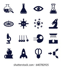 Science icons set. set of 16 science filled icons such as rocket, hair removal, microscope, eye, bacteria, test tube search, test tube, virus and pills, sundial, atom move