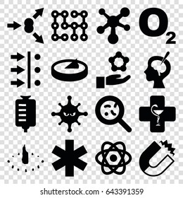 Science icons set. set of 16 science filled icons such as drop counter, bacteria, medical sign, brain surgery, pharmacy, atom, electric circuit, sundial, atom move