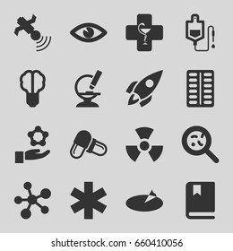 Science icons set. set of 16 science filled icons such as drop counter, pill, bacteria, eye, medical sign, satellite, microscope, pharmacy, rocket, book, sundial, radiation