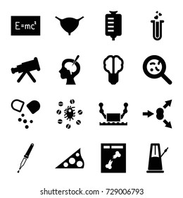 Science icons set. set of 16 science filled icons such as drop counter, bacteria, bladder, x ray, heart test tube, pipette, brain surgery, pill, virus and pills, sundial