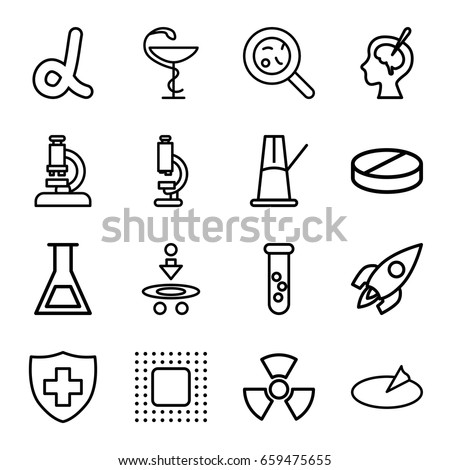 Science icons set. set of 16 science outline icons such as pill, bacteria, medical sign, brain surgery, medicine, chip, rocket, test tube, sundial, pendulum, radiation
