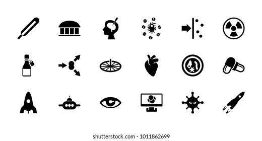 Science icons. set of 18 editable filled science icons: observatory, rocket, themometer, pill, bacteria, atom move, microorganism, brain surgery, virus and pills, sundial