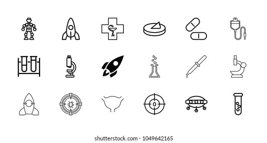 Science icons. set of 18 editable outline science icons: rocket, microscope, test tube, pill, ufo, robot, dna, pharmacy, sundial, pipette, drop counter, bladder