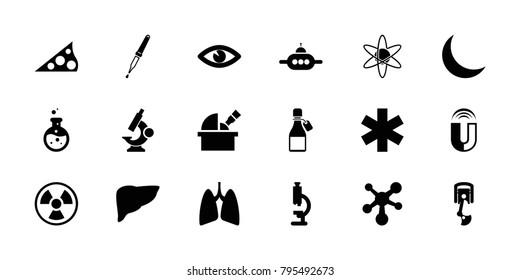 Science icons. set of 18 editable filled science icons: microscope, eye, medical sign, pipette, lungs, crescent, robot arm, atom, sundial, magnet, ampoule, liver, observatory