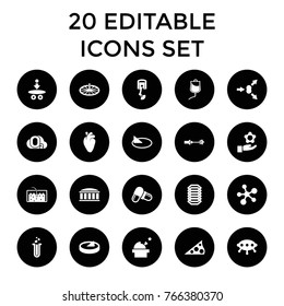 Science icons. set of 20 editable filled science icons such as pill, heart organ, atom move, atom, observatory, ufo, atom in hand, heart test tube, drop counter, hair