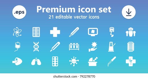 Science icons. set of 21 editable filled science icons includes pipette, themometer, pill, lungs, atom on display, drop counter, dna, medical cross, pharmacy, robot arm