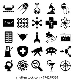 Science icons. set of 25 editable filled science icons such as atom, telescope, bladder, atom move, test tube, ufo, board with formulas, satellite, hair, dna, brain surgery