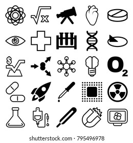 Science icons. set of 25 editable filled and outline science icons such as telescope, o2 oxygen, pipette, themometer, atom move, test tube, radiation, dna, chip, rocket