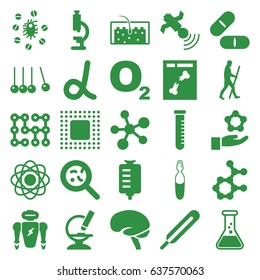 Science icons set. set of 25 science filled icons such as themometer, pill, drop counter, bacteria, brain, x ray, satellite, microscope, hair, medical ampoule, virus and pills