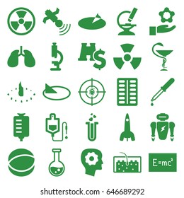 Science icons set. set of 25 science filled icons such as gear in head, pipette, drop counter, pill, lungs, heart test tube, satellite, microscope, hair, dna, atom, medicine