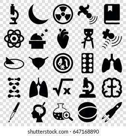 Science icons set. set of 25 science filled icons such as hair removal, brain, pill, heart organ, bladder, satellite, pipette, brain surgery, test tube search, atom, lungs