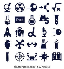 Science icons set. set of 25 science filled icons such as rocket, test tube, heart organ, kidney, bacteria, heart test tube, microscope, dna, atom, pendulum